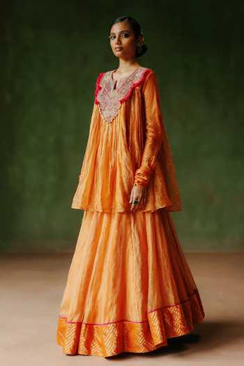 Buy_Alam By Tulsi Patel_Orange Tissue Embroidery, Zardozi Split V-neck Jahan Flared Top And Lehenga Set _Online_at_Aza_Fashions