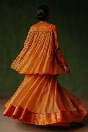 Shop_Alam By Tulsi Patel_Orange Tissue Embroidery, Zardozi Split V-neck Jahan Flared Top And Lehenga Set _at_Aza_Fashions