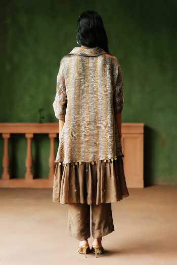 Shop_Alam By Tulsi Patel_Gold Organza, Tissue Cowl Neck, Yes Raha Kurta And Pant Set _at_Aza_Fashions