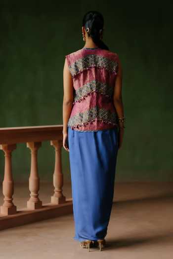 Shop_Alam By Tulsi Patel_Blue Organza, Tissue Embroidery, Tassels Open Leena Jacket And Draped Skirt Set _at_Aza_Fashions