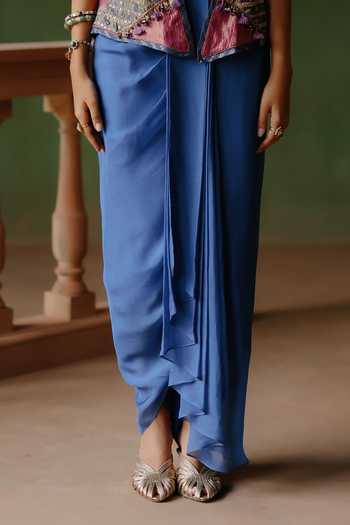 Buy_Alam By Tulsi Patel_Blue Organza, Tissue Embroidery, Tassels Open Leena Jacket And Draped Skirt Set _Online_at_Aza_Fashions