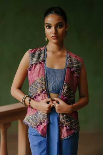 Shop_Alam By Tulsi Patel_Blue Organza, Tissue Embroidery, Tassels Open Leena Jacket And Draped Skirt Set _Online_at_Aza_Fashions