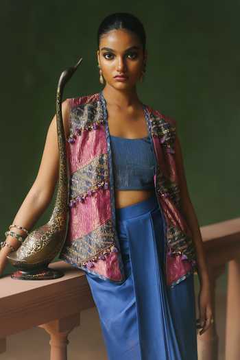 Buy_Alam By Tulsi Patel_Blue Organza, Tissue Embroidery, Tassels Open Leena Jacket And Draped Skirt Set 