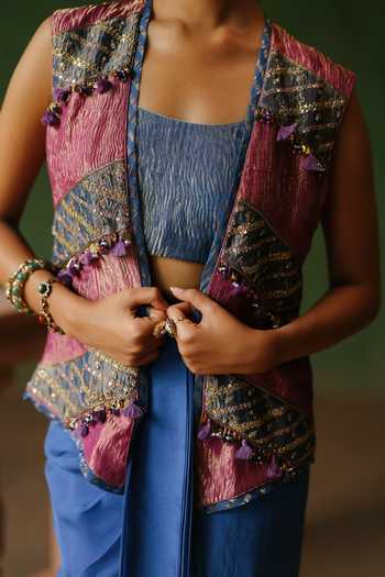 Shop_Alam By Tulsi Patel_Blue Organza, Tissue Embroidery, Tassels Open Leena Jacket And Draped Skirt Set 