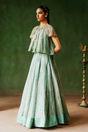 Buy_Alam By Tulsi Patel_Blue Tissue Resham Embroidery High Neck Raqs Striped Crushed Top And Lehenga Set _Online_at_Aza_Fashions