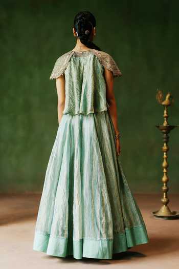 Shop_Alam By Tulsi Patel_Blue Tissue Resham Embroidery High Neck Raqs Striped Crushed Top And Lehenga Set _at_Aza_Fashions
