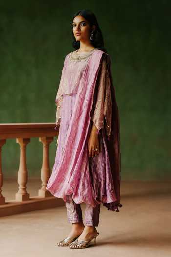 Alam By Tulsi Patel_Purple Tissue Embroidery, Zari Round Neck, Yes Dilara Draped Kurta And Pant Set _Online_at_Aza_Fashions