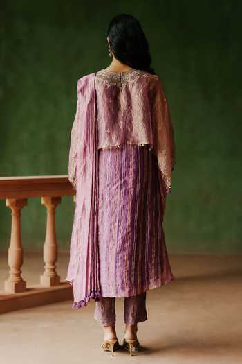 Shop_Alam By Tulsi Patel_Purple Tissue Embroidery, Zari Round Neck, Yes Dilara Draped Kurta And Pant Set _at_Aza_Fashions