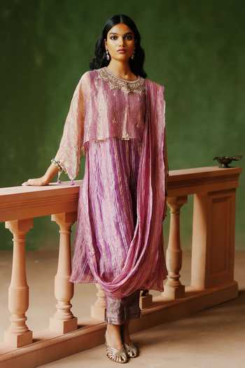 Buy_Alam By Tulsi Patel_Purple Tissue Embroidery, Zari Round Neck, Yes Dilara Draped Kurta And Pant Set _at_Aza_Fashions