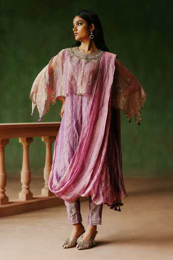 Buy_Alam By Tulsi Patel_Purple Tissue Embroidery, Zari Round Neck, Yes Dilara Draped Kurta And Pant Set _Online_at_Aza_Fashions
