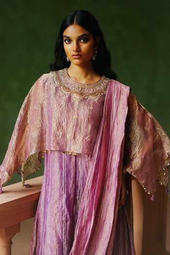 Shop_Alam By Tulsi Patel_Purple Tissue Embroidery, Zari Round Neck, Yes Dilara Draped Kurta And Pant Set 