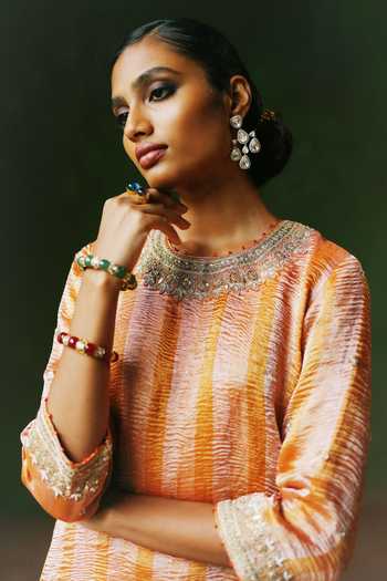Shop_Alam By Tulsi Patel_Orange Organza, Tissue Embroidery Round Hina Striped Crushed Kurta Sharara Set _at_Aza_Fashions