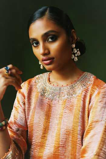 Buy_Alam By Tulsi Patel_Orange Organza, Tissue Embroidery Round Hina Striped Crushed Kurta Sharara Set _Online_at_Aza_Fashions