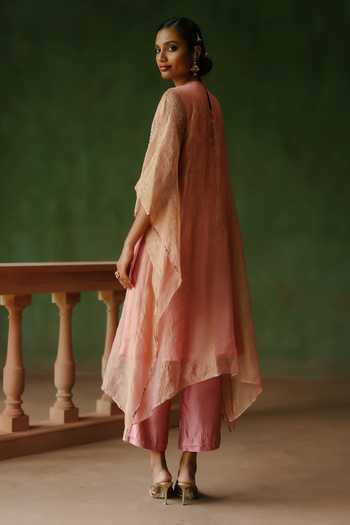 Shop_Alam By Tulsi Patel_Pink Silk, Cotton, Tissue Embroidery, Zari Round Neck Falak Kaftan And Pant Set _at_Aza_Fashions