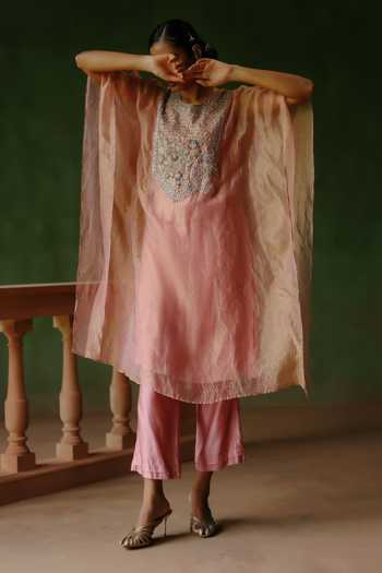 Shop_Alam By Tulsi Patel_Pink Silk, Cotton, Tissue Embroidery, Zari Round Neck Falak Kaftan And Pant Set _Online_at_Aza_Fashions