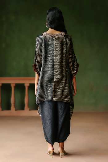 Shop_Alam By Tulsi Patel_Black Silk, Cotton, Tissue Embroidery V-neck Amber Striped Kaftan And Dhoti Set _at_Aza_Fashions