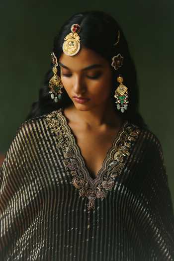 Alam By Tulsi Patel_Black Silk, Cotton, Tissue Embroidery V-neck Amber Striped Kaftan And Dhoti Set _at_Aza_Fashions