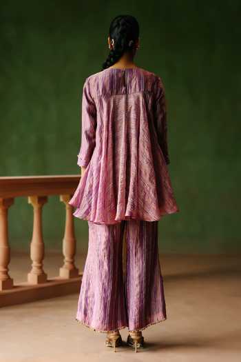 Shop_Alam By Tulsi Patel_Purple Tissue Embroidery Round Neck Nargis Striped Top And Pant Set _at_Aza_Fashions