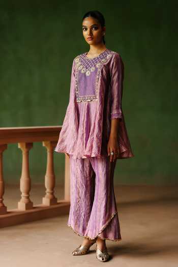 Alam By Tulsi Patel_Purple Tissue Embroidery Round Neck Nargis Striped Top And Pant Set _Online_at_Aza_Fashions