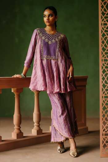 Buy_Alam By Tulsi Patel_Purple Tissue Embroidery Round Neck Nargis Striped Top And Pant Set _at_Aza_Fashions