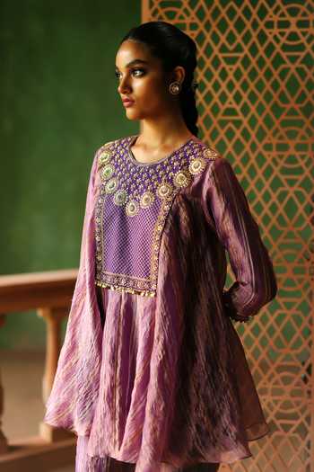 Shop_Alam By Tulsi Patel_Purple Tissue Embroidery Round Neck Nargis Striped Top And Pant Set _Online_at_Aza_Fashions