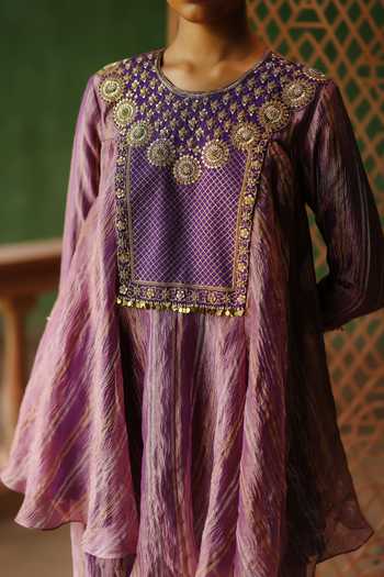 Buy_Alam By Tulsi Patel_Purple Tissue Embroidery Round Neck Nargis Striped Top And Pant Set 