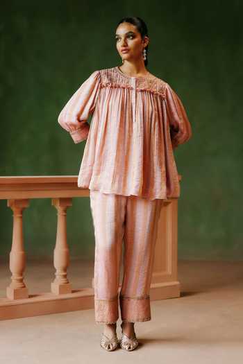 Buy_Alam By Tulsi Patel_Pink Tissue Embroidery Round Neck Serai Striped Top And Pant Set _at_Aza_Fashions