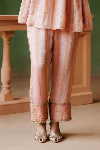Alam By Tulsi Patel_Pink Tissue Embroidery Round Neck Serai Striped Top And Pant Set _Online_at_Aza_Fashions