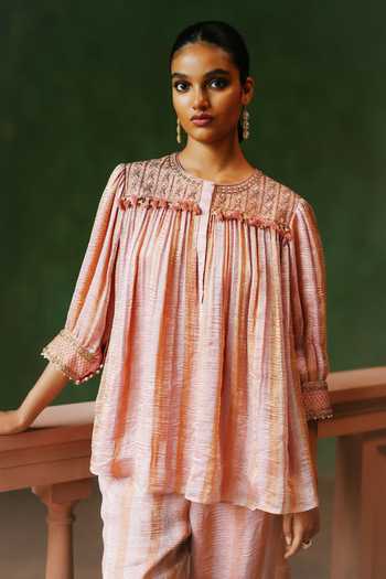 Shop_Alam By Tulsi Patel_Pink Tissue Embroidery Round Neck Serai Striped Top And Pant Set _at_Aza_Fashions