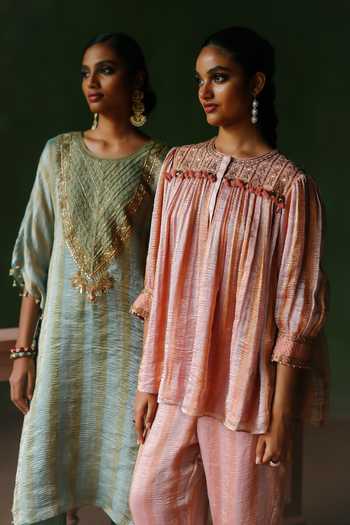 Buy_Alam By Tulsi Patel_Pink Tissue Embroidery Round Neck Serai Striped Top And Pant Set _Online_at_Aza_Fashions