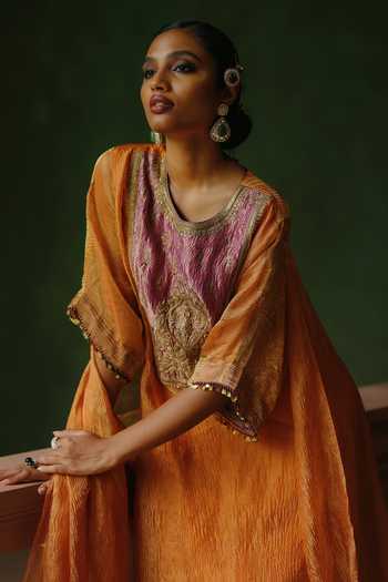 Alam By Tulsi Patel_Orange Tissue Embroidery, Zari, Beads Gulnar Contrast Yoke Kurta And Pant Set _Online_at_Aza_Fashions