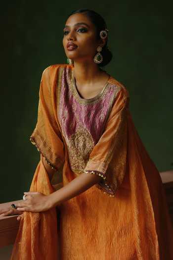 Buy_Alam By Tulsi Patel_Orange Tissue Embroidery, Zari, Beads Gulnar Contrast Yoke Kurta And Pant Set _Online_at_Aza_Fashions