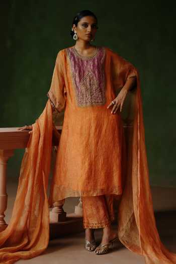 Buy_Alam By Tulsi Patel_Orange Tissue Embroidery, Zari, Beads Gulnar Contrast Yoke Kurta And Pant Set _at_Aza_Fashions
