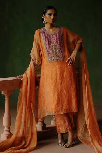 Shop_Alam By Tulsi Patel_Orange Tissue Embroidery, Zari, Beads Gulnar Contrast Yoke Kurta And Pant Set _Online_at_Aza_Fashions