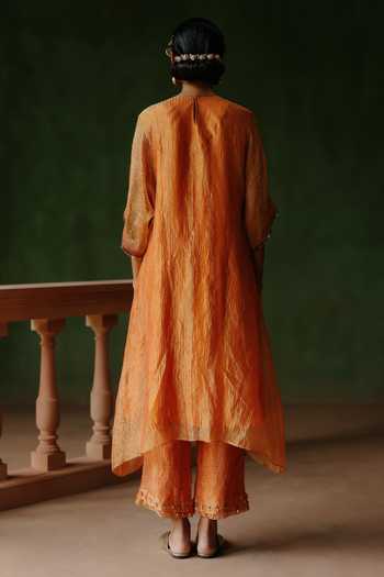 Shop_Alam By Tulsi Patel_Orange Tissue Embroidery, Zari, Beads Gulnar Contrast Yoke Kurta And Pant Set _at_Aza_Fashions