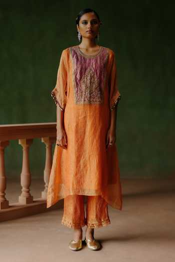 Alam By Tulsi Patel_Orange Tissue Embroidery, Zari, Beads Gulnar Contrast Yoke Kurta And Pant Set _Online