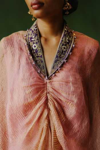 Buy_Alam By Tulsi Patel_Pink Tissue Mandarin Collar Hiraman Embroidered Cape And Pant Set _Online_at_Aza_Fashions