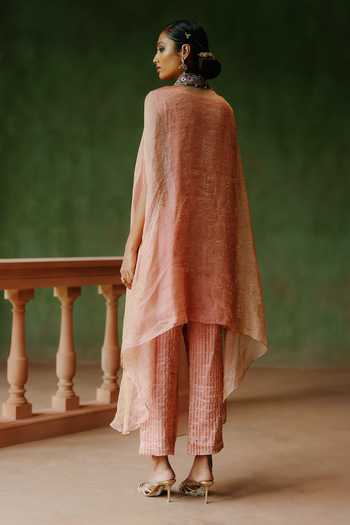 Shop_Alam By Tulsi Patel_Pink Tissue Mandarin Collar Hiraman Embroidered Cape And Pant Set _Online_at_Aza_Fashions