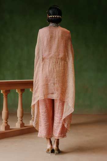 Shop_Alam By Tulsi Patel_Pink Tissue Mandarin Collar Hiraman Embroidered Cape And Pant Set _at_Aza_Fashions