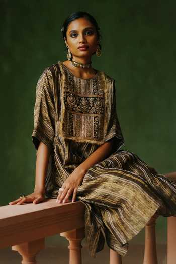 Buy_Alam By Tulsi Patel_Gold Silk, Cotton, Tissue Embroidery Round Neck Heer Kurta And Pant Set _Online_at_Aza_Fashions