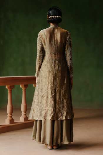 Shop_Alam By Tulsi Patel_Gold Tissue, Organza Gota Patti, Zardozi, Usha Embroidered Jacket And Sharara Set _at_Aza_Fashions