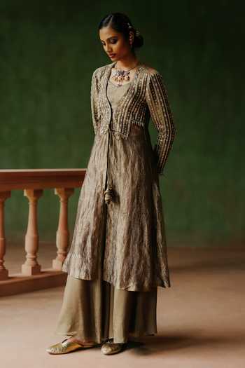 Buy_Alam By Tulsi Patel_Gold Tissue, Organza Gota Patti, Zardozi, Usha Embroidered Jacket And Sharara Set _Online_at_Aza_Fashions