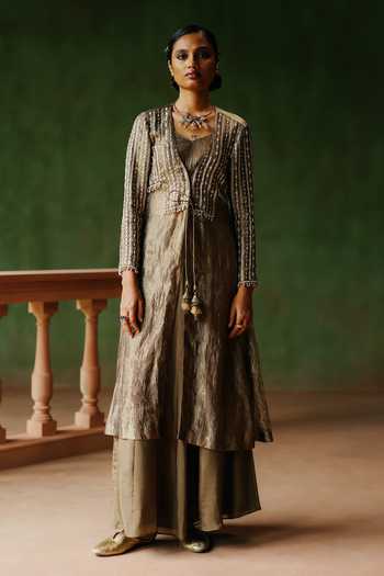 Buy_Alam By Tulsi Patel_Gold Tissue, Organza Gota Patti, Zardozi, Usha Embroidered Jacket And Sharara Set _at_Aza_Fashions