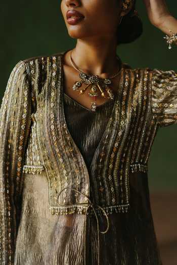 Buy_Alam By Tulsi Patel_Gold Tissue, Organza Gota Patti, Zardozi, Usha Embroidered Jacket And Sharara Set 
