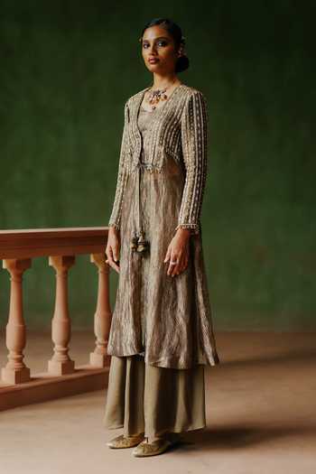 Shop_Alam By Tulsi Patel_Gold Tissue, Organza Gota Patti, Zardozi, Usha Embroidered Jacket And Sharara Set 