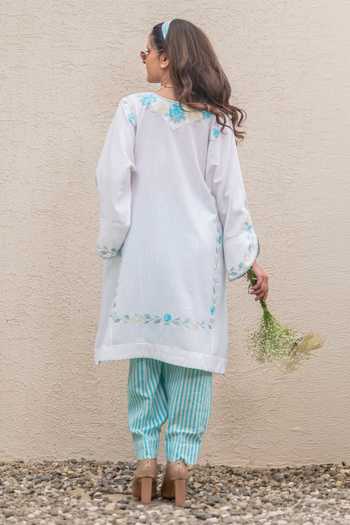 Shop_Daljit Sudan_Blue Cotton Embroidery V-neck White Phiran Kurta Set _at_Aza_Fashions