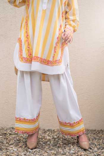 Shop_Daljit Sudan_Yellow Cotton Embroidery Collared Stripe Pattern Kurta Set 