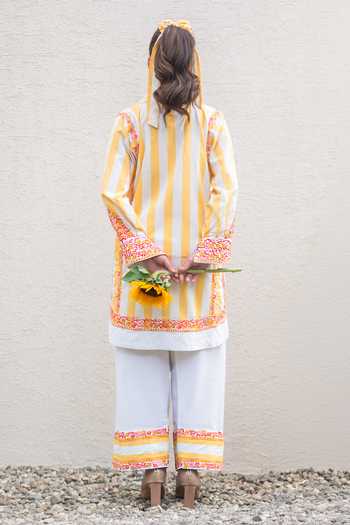Shop_Daljit Sudan_Yellow Cotton Embroidery Collared Stripe Pattern Kurta Set _at_Aza_Fashions