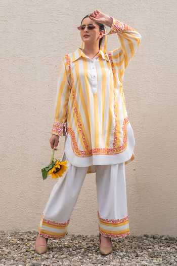 Buy_Daljit Sudan_Yellow Cotton Embroidery Collared Stripe Pattern Kurta Set _at_Aza_Fashions