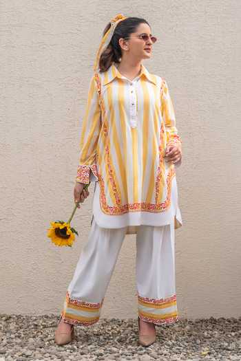 Shop_Daljit Sudan_Yellow Cotton Embroidery Collared Stripe Pattern Kurta Set _Online